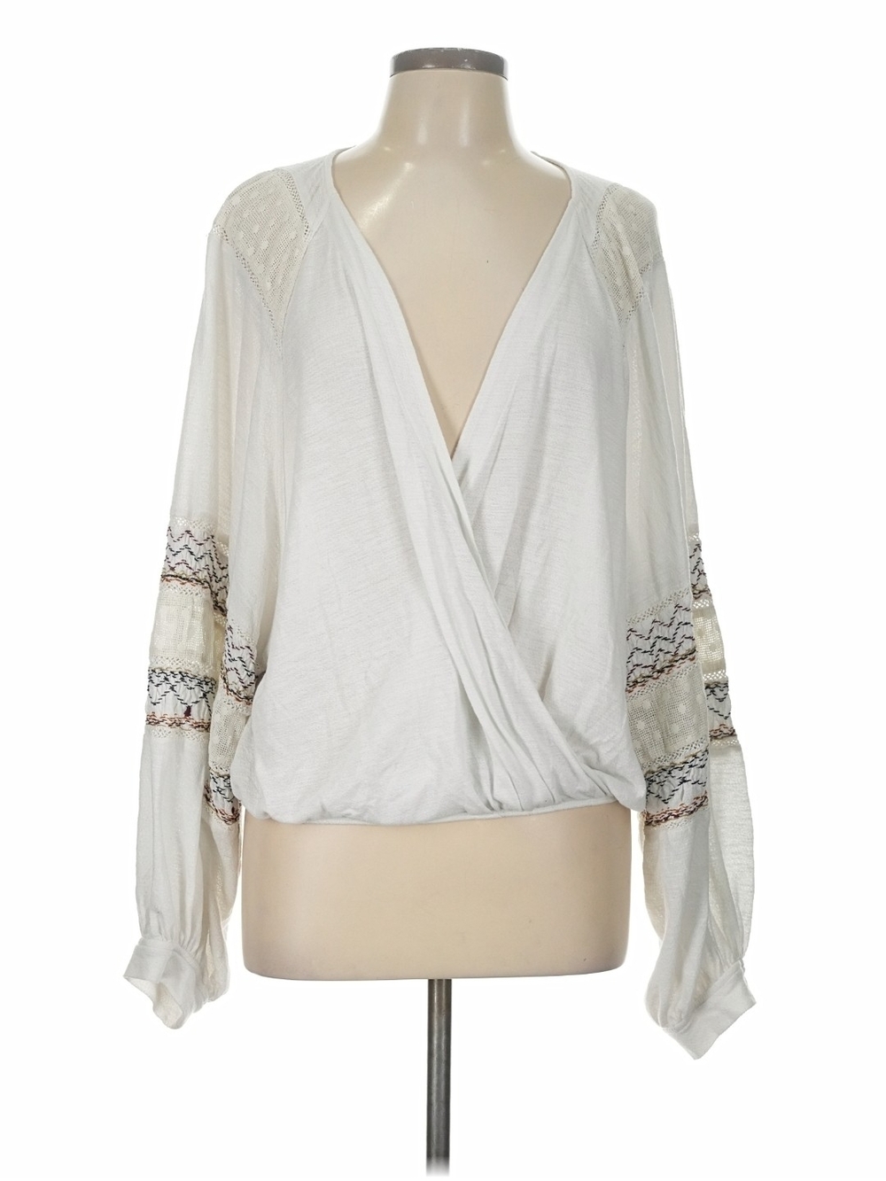 Free People Cream Wrap-Front Blouse with Embroidered Sleeves